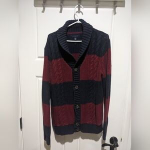 Tommy Hilfiger Men’s Shawl Collar Striped Cable Cardigan - Navy & Burgundy